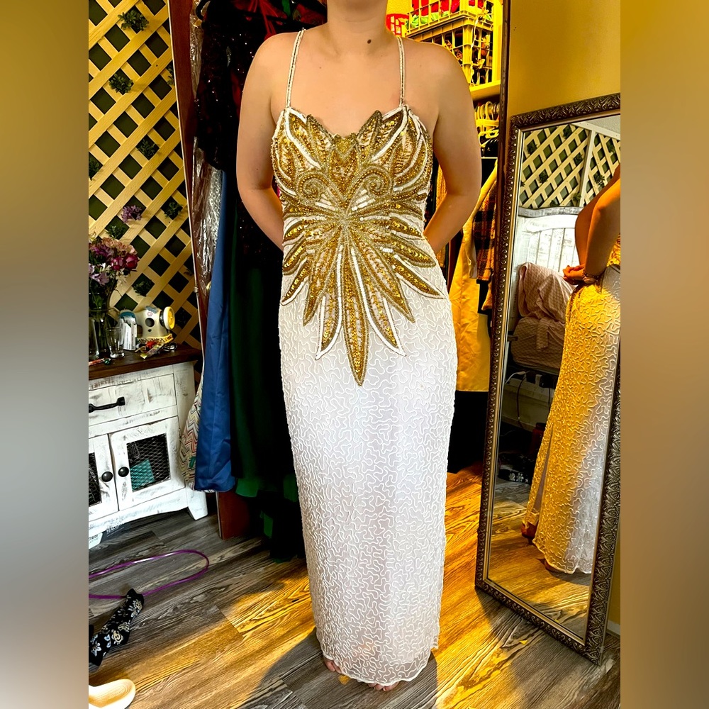 White and gold spaghetti strap prom dress